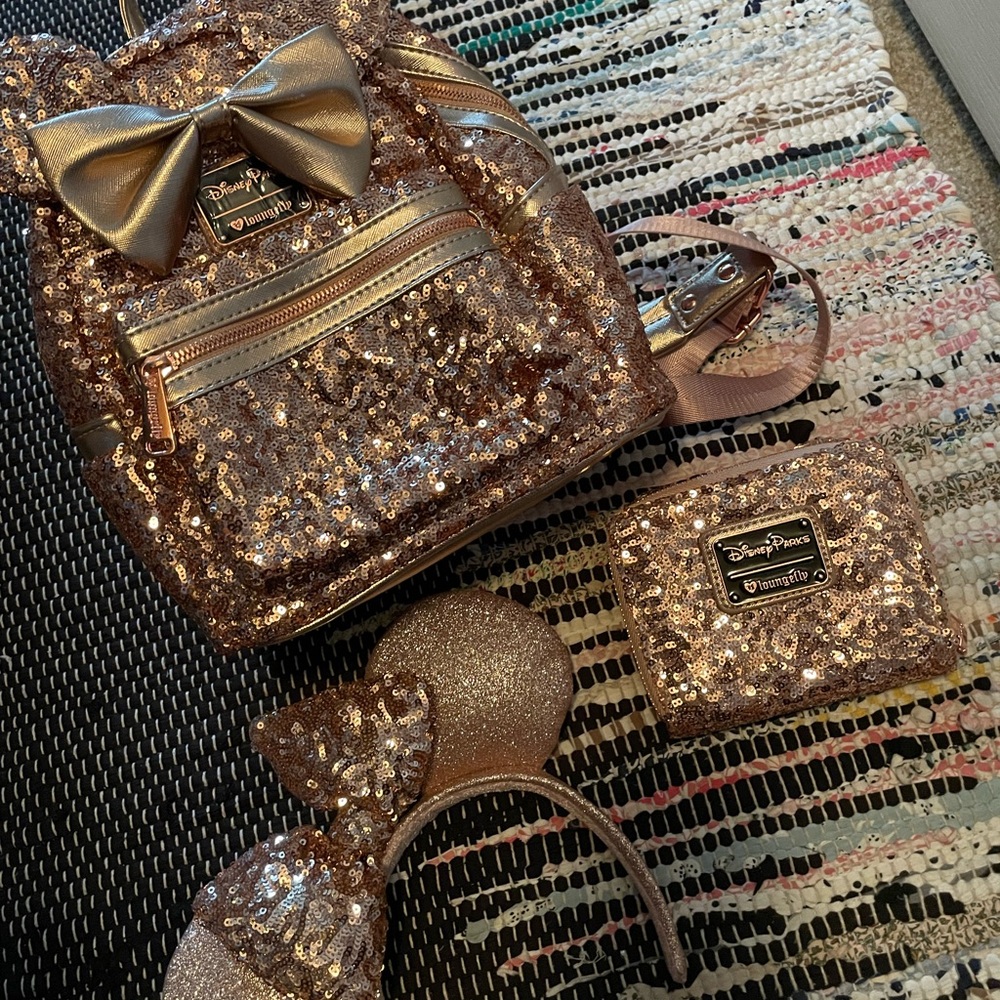 Loungefly Rose Gold Sequin Backpack and Wallet